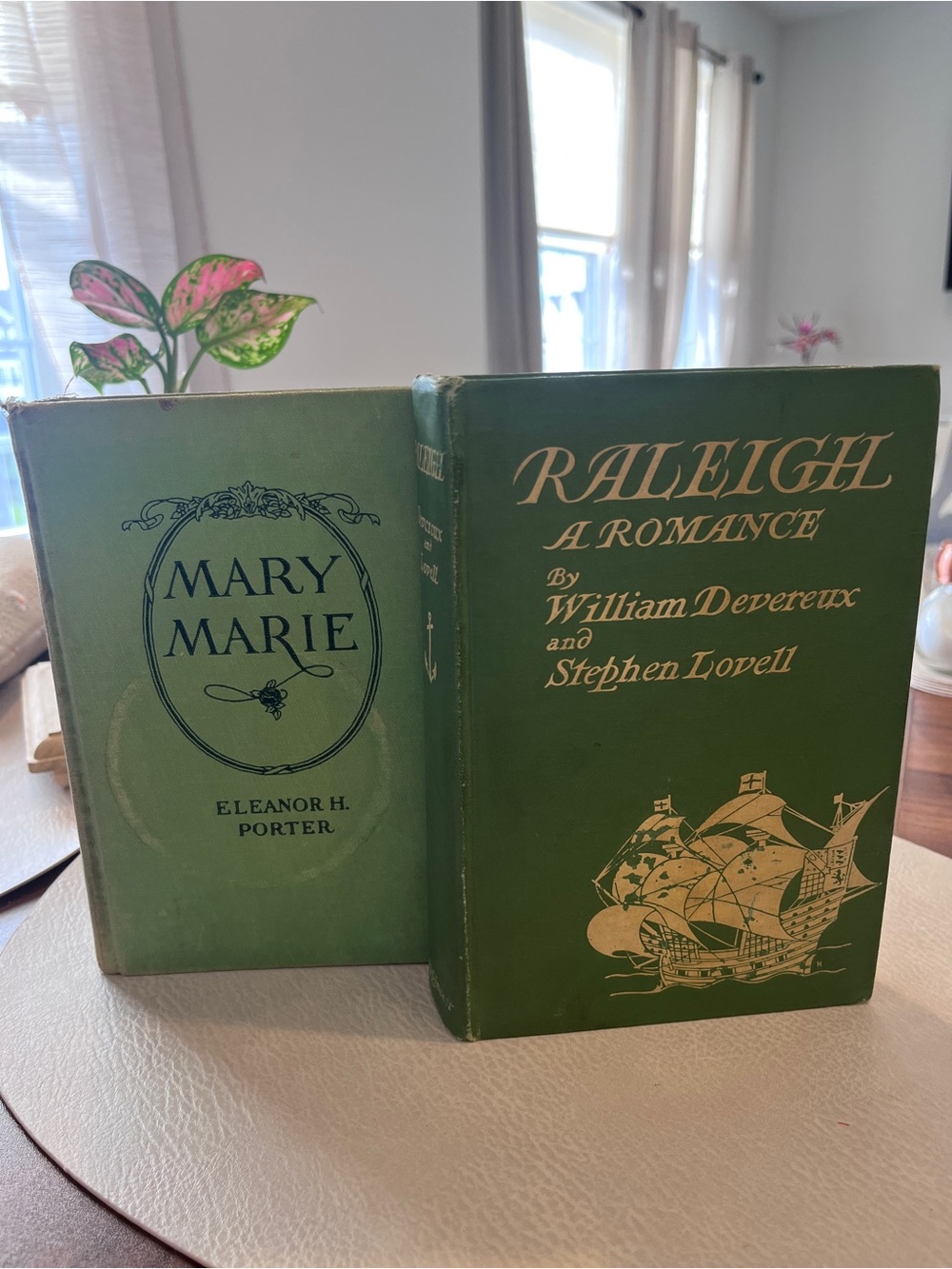 Pair of Vintage Sage Olive Green Decor Books 1910 Antique Hardcover Stack